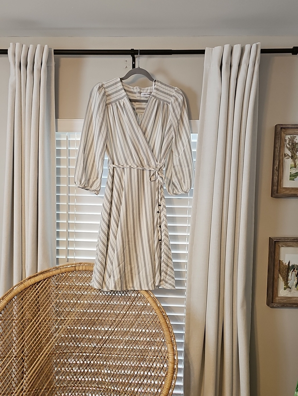 Calvin Klein Cream and Gray Striped Wrap Midi Dress